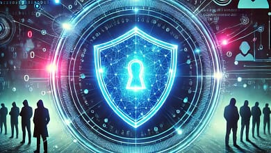 DALL·E 2024 12 24 15.34.56 A visually impactful representation of cybersecurity importance A digital shield glowing in vibrant blue tones surrounded by binary code and interco