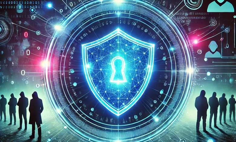 Ayberk Tech | Siber Güvenlik Nedir DALL·E 2024 12 24 15.34.56 A visually impactful representation of cybersecurity importance A digital shield glowing in vibrant blue tones surrounded by binary code and interco